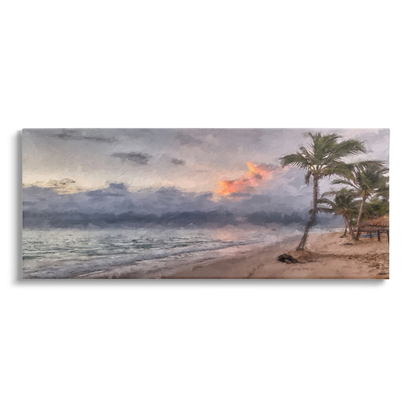 «Tropical Sunset Palm Trees Coast» par Kim Curationa - impression, H 13 po x l 30 po x P 1,5 po, Toile tendue