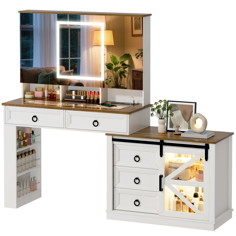 Grande coiffeuse de 39 po avec miroir de maquillage et grande armoire latérale avec prise de courant intelligente tricolore à DEL