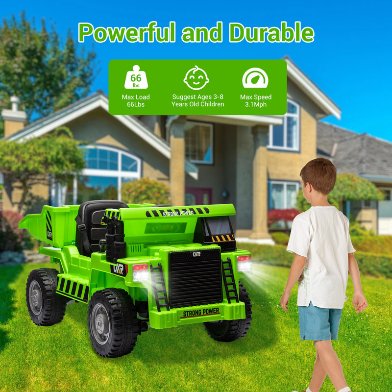 Green 12V Ride-On Dump Truck with Electric Bed