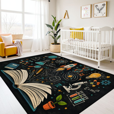9x12 Kids Learning Rug Washable Area Rugs for Classroom, Science Innovation Rockets Molecules Laboratory Equipment Back to School Learning Carpet for Preschool Nursery Soft Rubber Backed Non-Slip