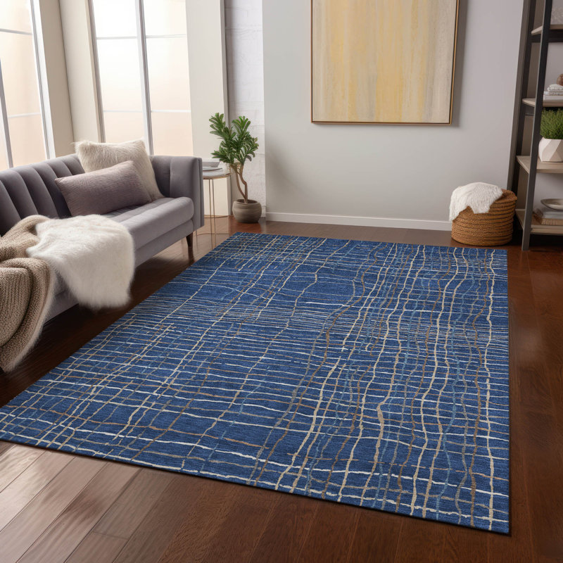 Navy and White Striped Synthetic Washable Rug 2'6" x 3'10"