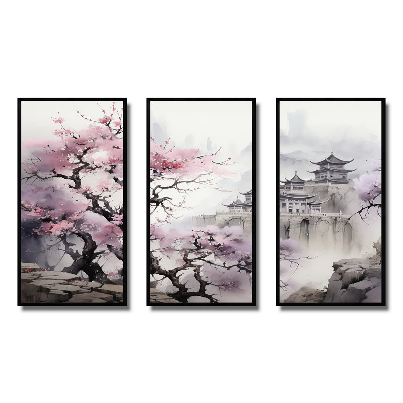 Rose, paysage floral japonais, paysage I - Japon, art mural, H 28 po x l 36 po x P 1 po, Cadre flottant noir