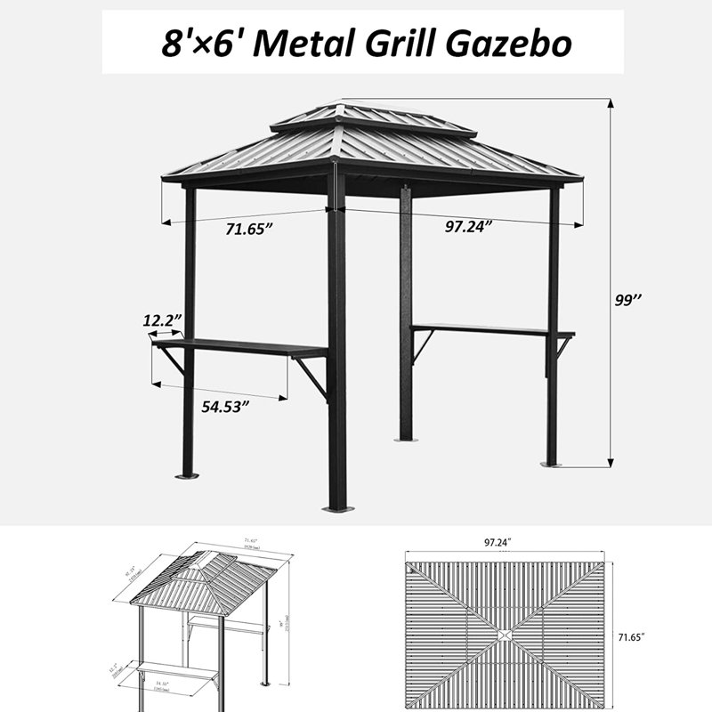 Pavillon de jardin 8 pi 6 pi avec structure en métal - double toit et tablettes pour l'extérieur