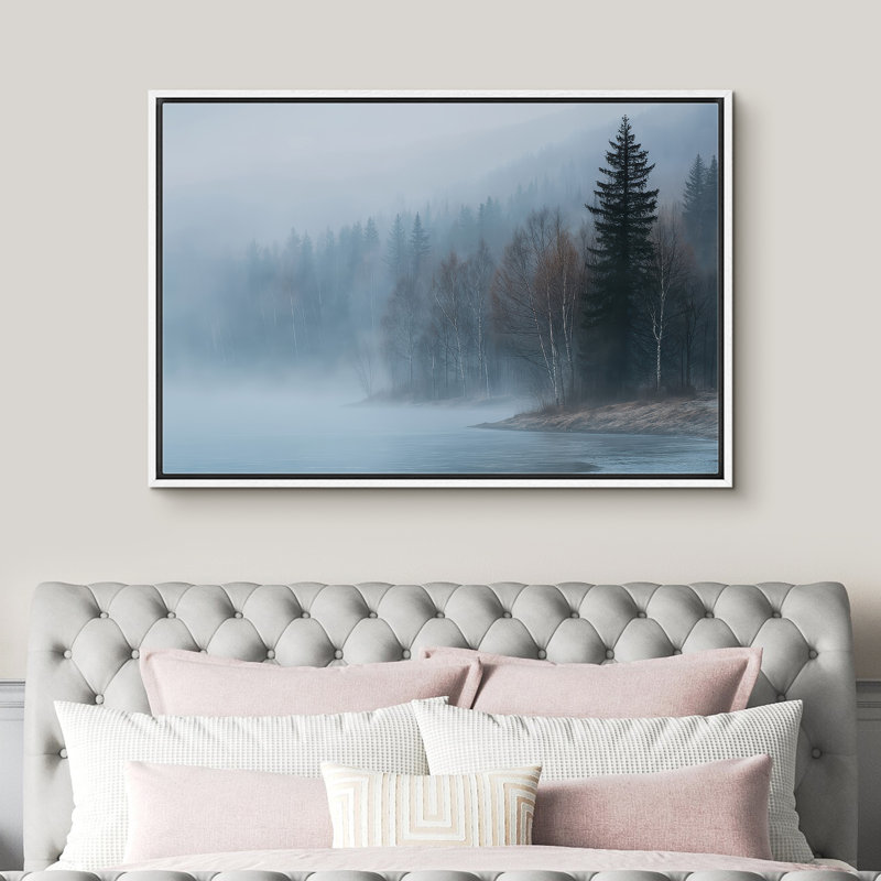 «Foggy Forest Lake with Pine Trees Wall Decor», reproduction d'art sur toile encadrée, H 16 po x l 24 po x P 1,5 po