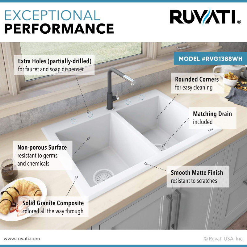 Ruvati 33 x 22 inch epiGranite Drop-in Topmount Granite Composite Quartz Double Bowl Kitchen Sink - Arctic White Matte -