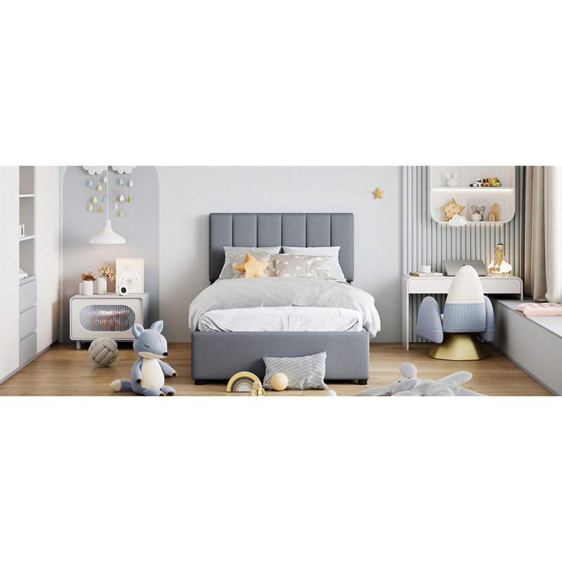 Lit plateforme simple tapissier simple avec option de rangement pratique, rangement hydraulique spacieux et moderne gris
