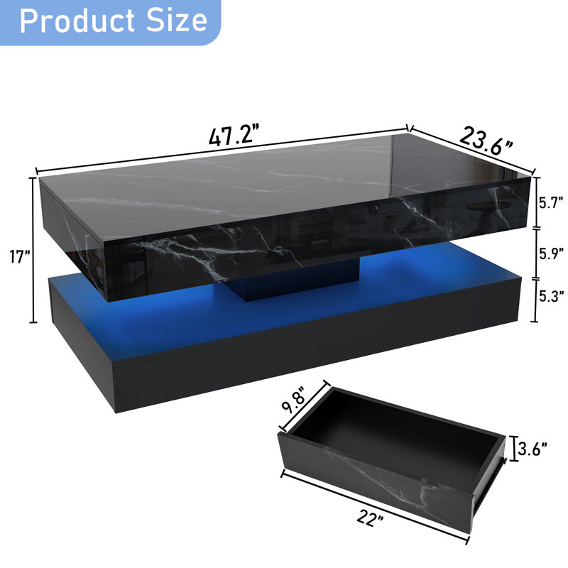 Modern High Gloss Black LED Coffee Table with 2 Storage Drawers, 20 Colors LED Lights (APP/Remote Control), 2-Tier Marbling Print Center Table for Living Room