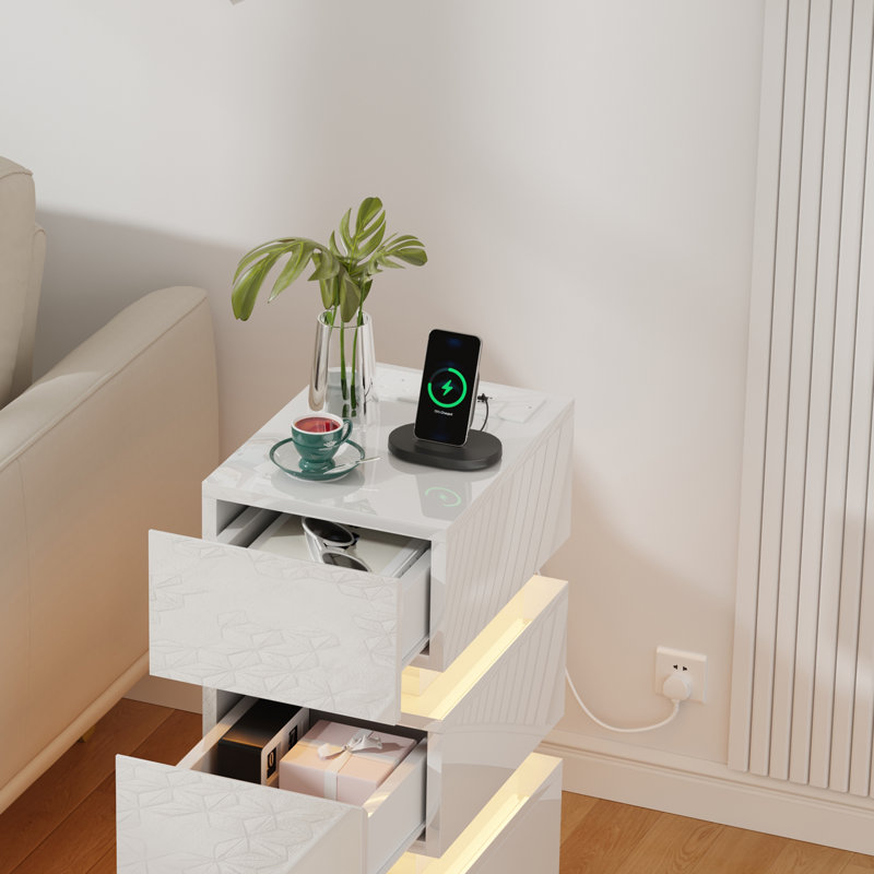 25 cm W Bedside Table, Led High Gloss White 3 Drawers