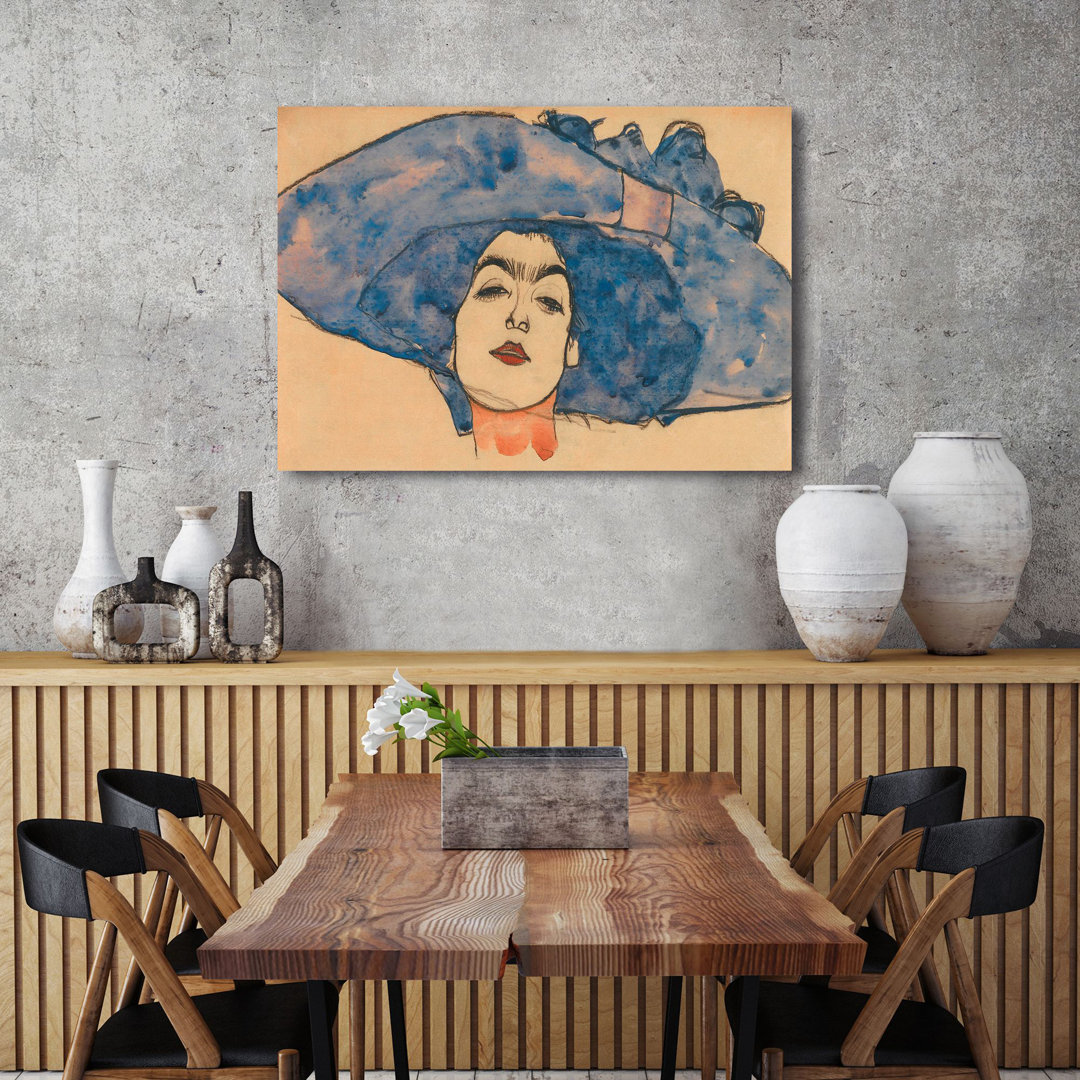 Leinwandbild Eva Freund In Blue Hat von Egon Schiele