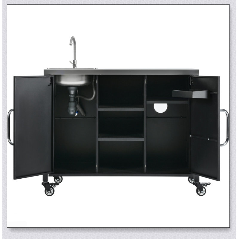 Durable 55.5 Inch Outdoor Kitchen Island with Stainless Steel Sink and Lockable Wheels for BBQ and Pizza Prep