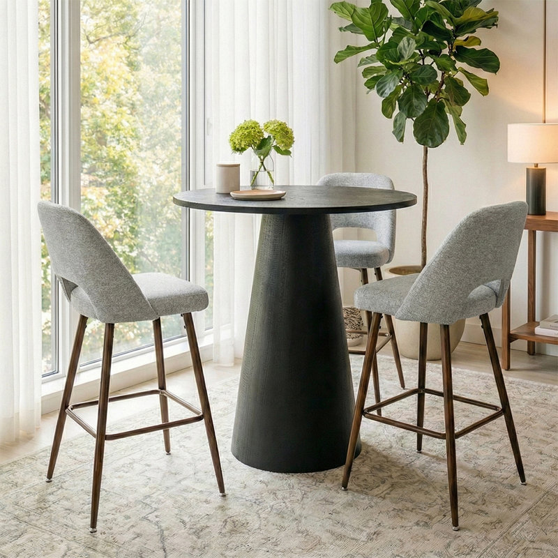 Berneta 4-Piece Counter Height Bar Table Set With Upholstered Stools, Round Pedestal Kitchen Dining Set For 3, Gray