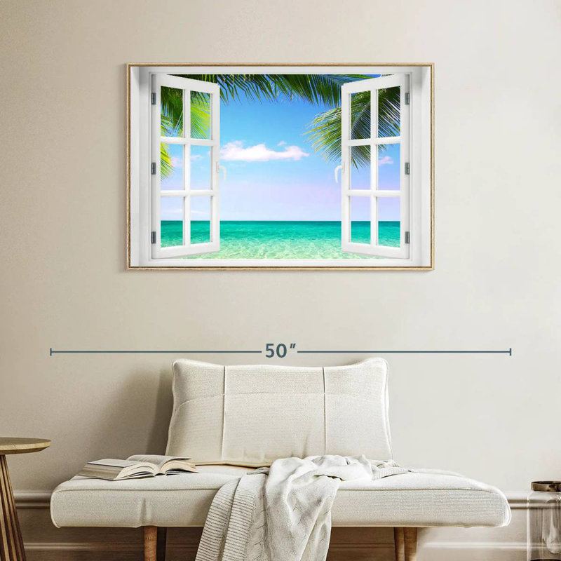 Fenêtre sur la plage turquoise, Cadre flottant en bois naturel, 43 po x 29 po