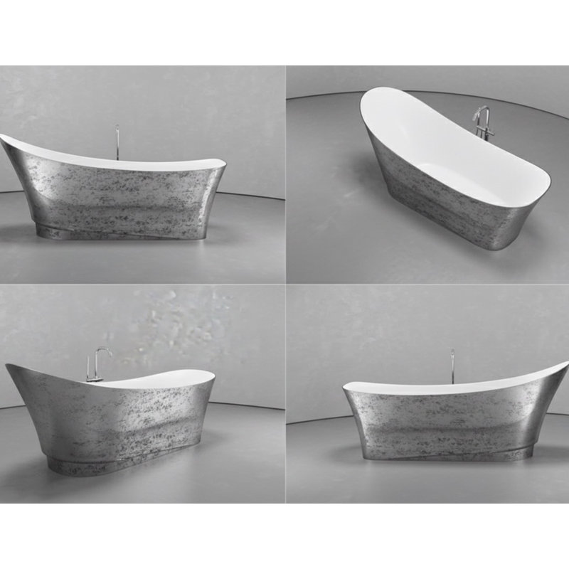 70.9” x 29.5” Silver/White Deep Soaking Freestanding Slipper Bathtub , Aged Brushed Silver/White