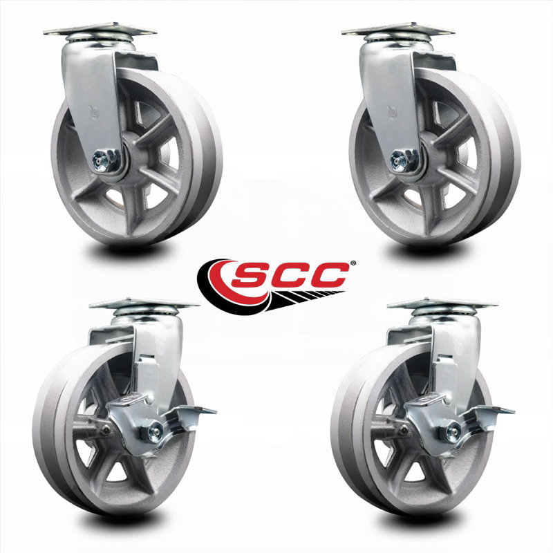 6 Inch V-Groove Semi Steel Swivel Caster Set with Roller Bearings 2 Brakes SCC