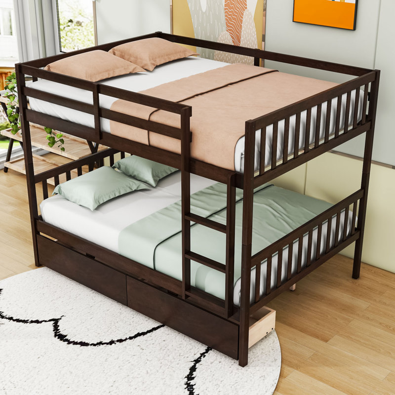 Two Drawers Rubber Wood Bunk Bed, Espresso, Full