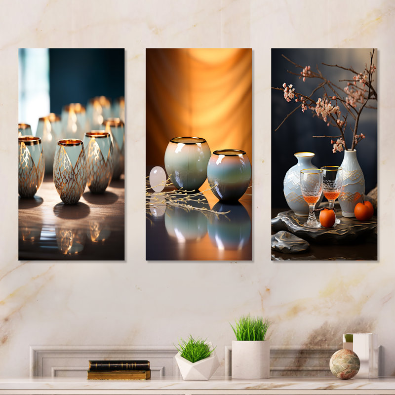 Japan Tea Sake Serenades - Drinkware Metal Wall Art Set Of 3, 32" H x 48" W