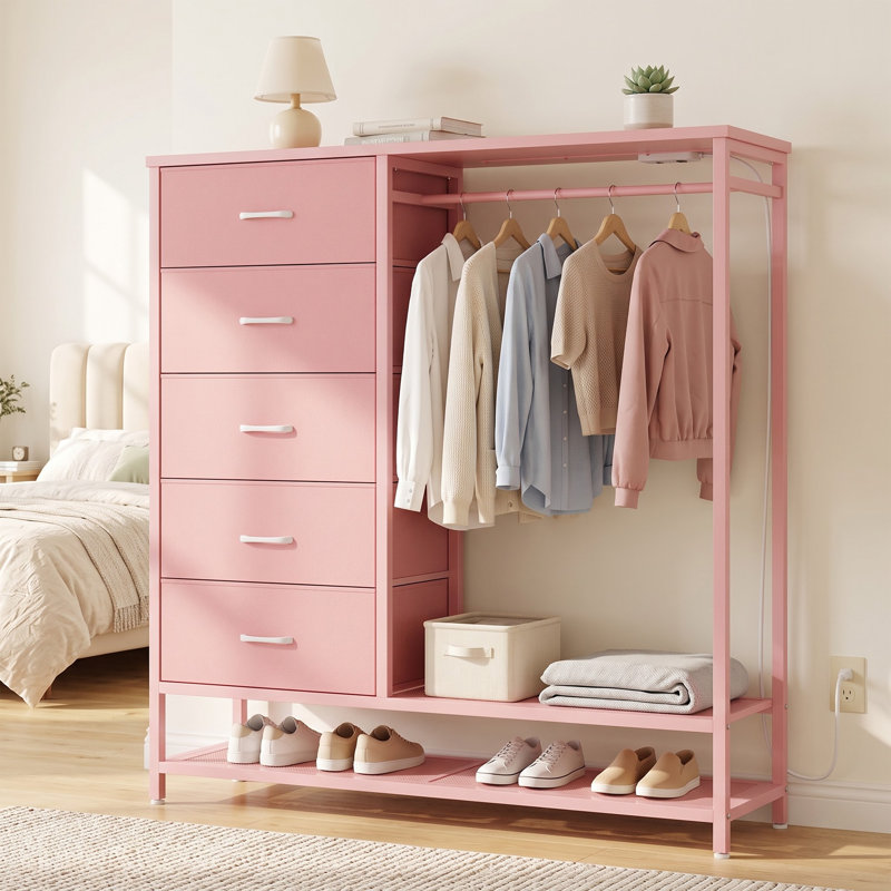 Commode à 5 tiroirs 47,2 po pour chambre à coucher avec support à DEL et station de charge, Rose