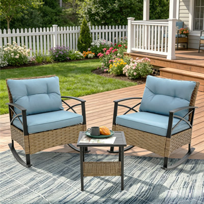 Outdoor Rocking Chairs Set - Grey 3 Pieces Patio Bistro Set Outside Furniture 2 Wicker Rocker Chairs with Blue Cushions and Table for Porch Lawn