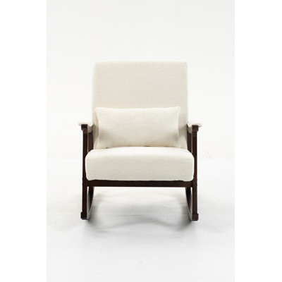 Fauteuil à bascule moderne du milieu du siècle - Structure en bois massif et fauteuil d'appoint recouvert de chenille blanche antique pour le salon