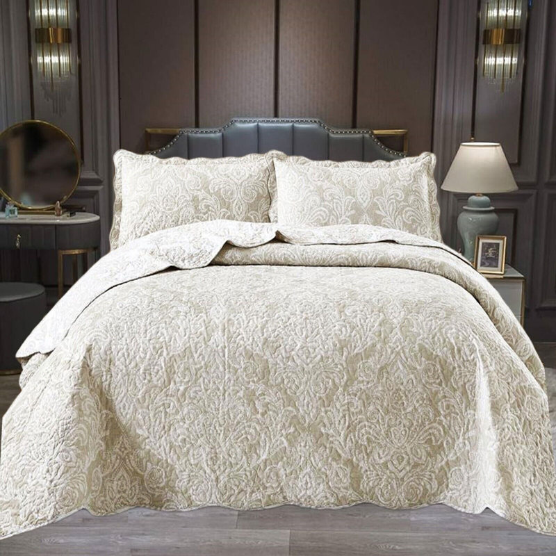 Printed Bedspread Set Damask Pattern with Matching Pillow Shams, Soft Microfiber Coverlet, Lightweight & All-Season Bedding