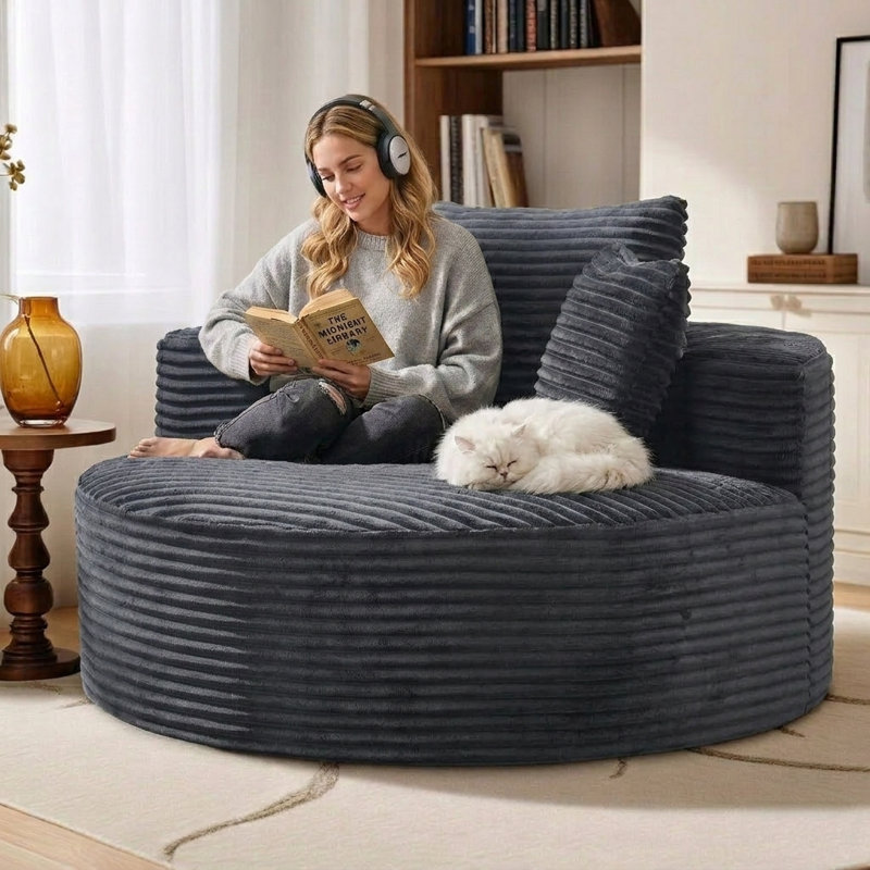 Fauteuil lounge rond surdimensionné de 127 cm (50 po), méridienne circulaire moderne rembourrée avec assise profonde, canapé-lit moelleux et confortable pour coin lecture, salon et chambre, aucun assemblage requis (gris)