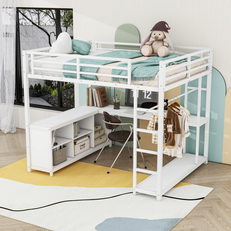 Lit mezzanine avec garde-robe, bureau, cubes de rangement et tablettes, Grand lit, Blanc