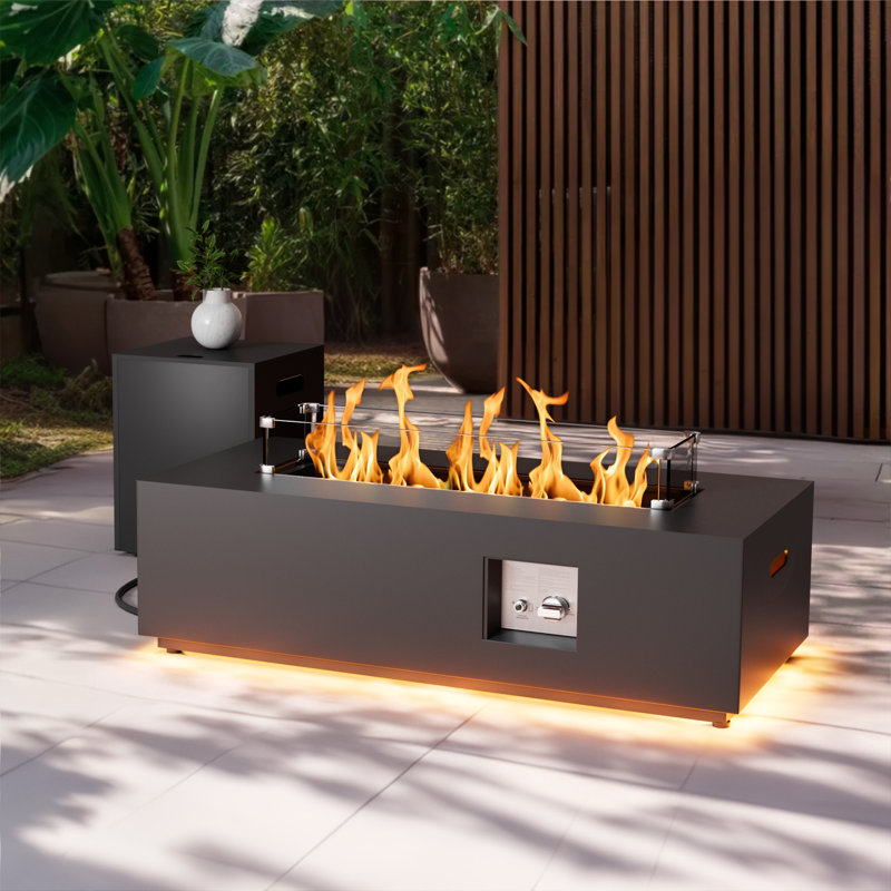 12.6’’ H X 42’’ W Metal Propane Outdoor Gas Fire Pit Table With Golden Light, Black