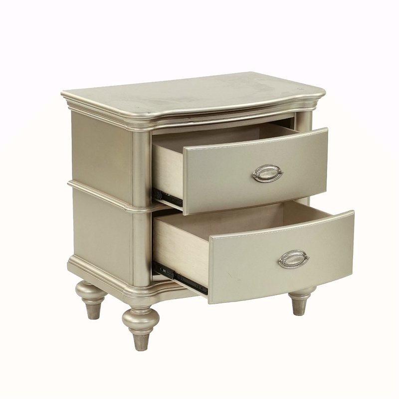 Table de chevet en bois avec 2 tiroirs en argent antique
