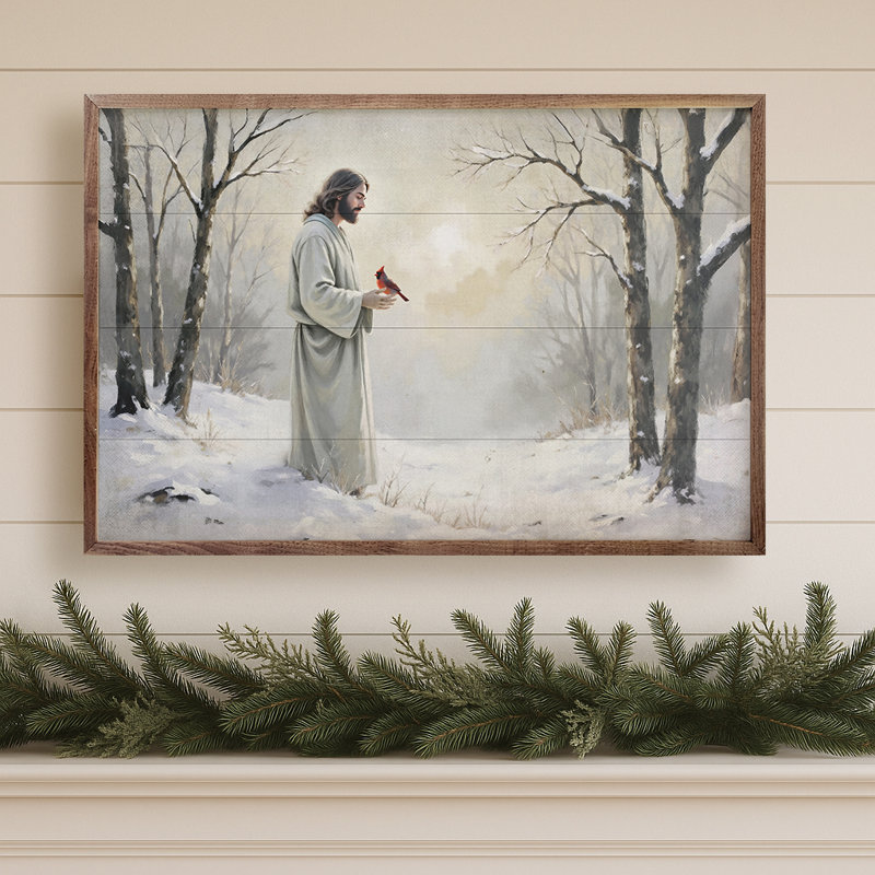 Cardinal et Jésus dans la neige, H 16 po x l 24 po