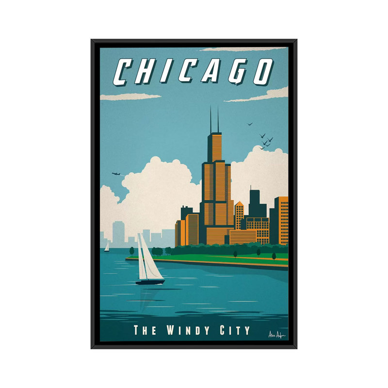 Chicago-impression d’art graphique, Pas de tapis, H 60 po x l 40po x P 1,5 po, Toile avec cadre noir