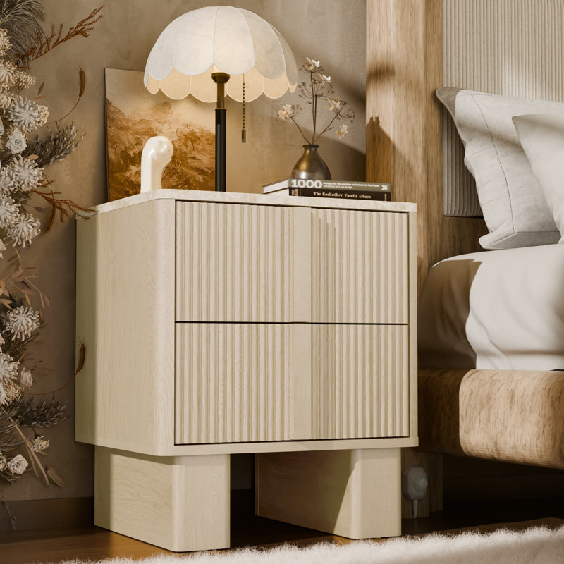 Table de chevet 2 tiroirs en bois avec station de charge, table de chevet moderne avec rangement, Chêne blanc