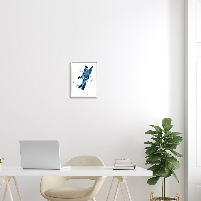 «Blue Bird Flying Wings» par Sebastian Grafmann, H 14 po x l 11 po x P 1,5 po, Giclée encadrée blanc bord de mer