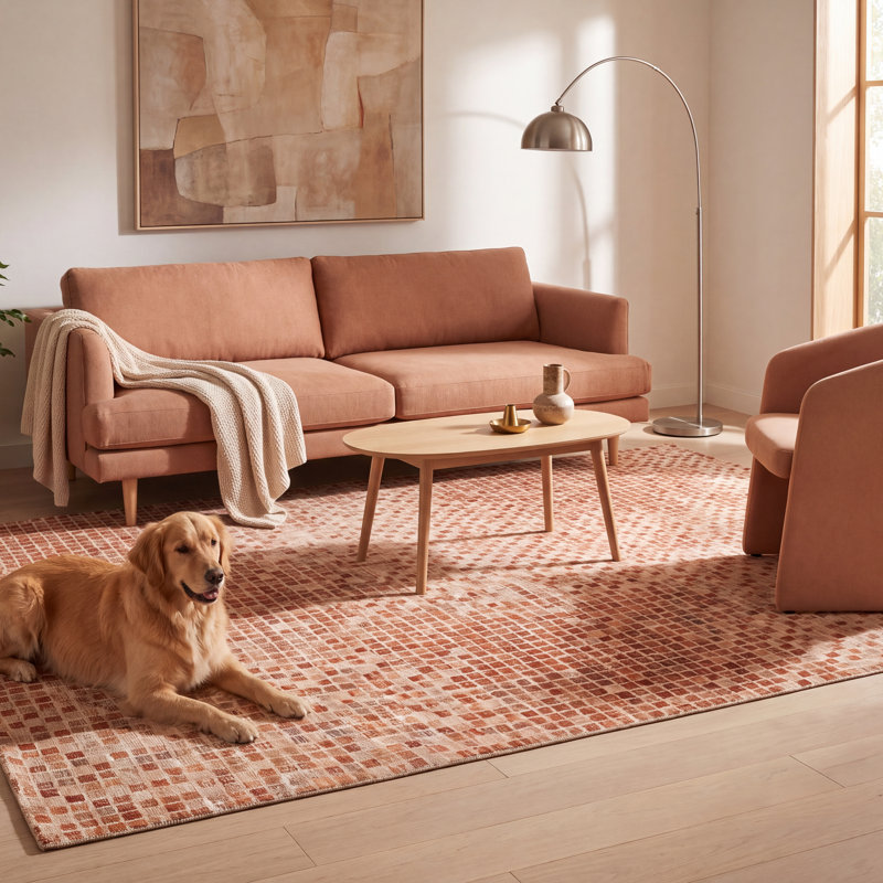 Tapis Myrtle2 moderne à motif mosaïque mouchetée abstraite orange, rouge et crème, lavable à la machine, antidérapant, à poils courts, pour l'intérieur et l'extérieur, adapté aux animaux domestiques, idéal pour le salon, la chambre, la salle à manger, l'entrée, le couloir ou le bureau.