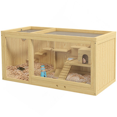 Cage à hamster en bois Pawhut, très grande cage à gerbille, cage multicouche pour petits animaux pour hamster nain, centre d'activités avec plateau coulissant, balançoire à bascule, bouteille d'eau, échelle, plateau ouvert