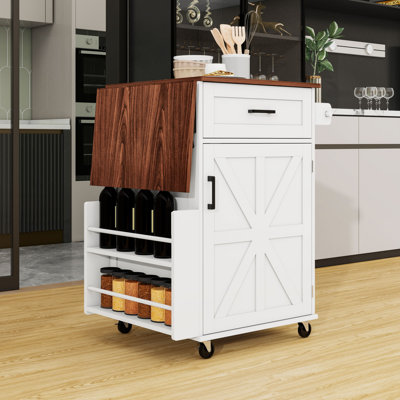 Farmhouse Mobile Kitchen Cart with Drop Leaf, Towel Rack and Lockable Wheels