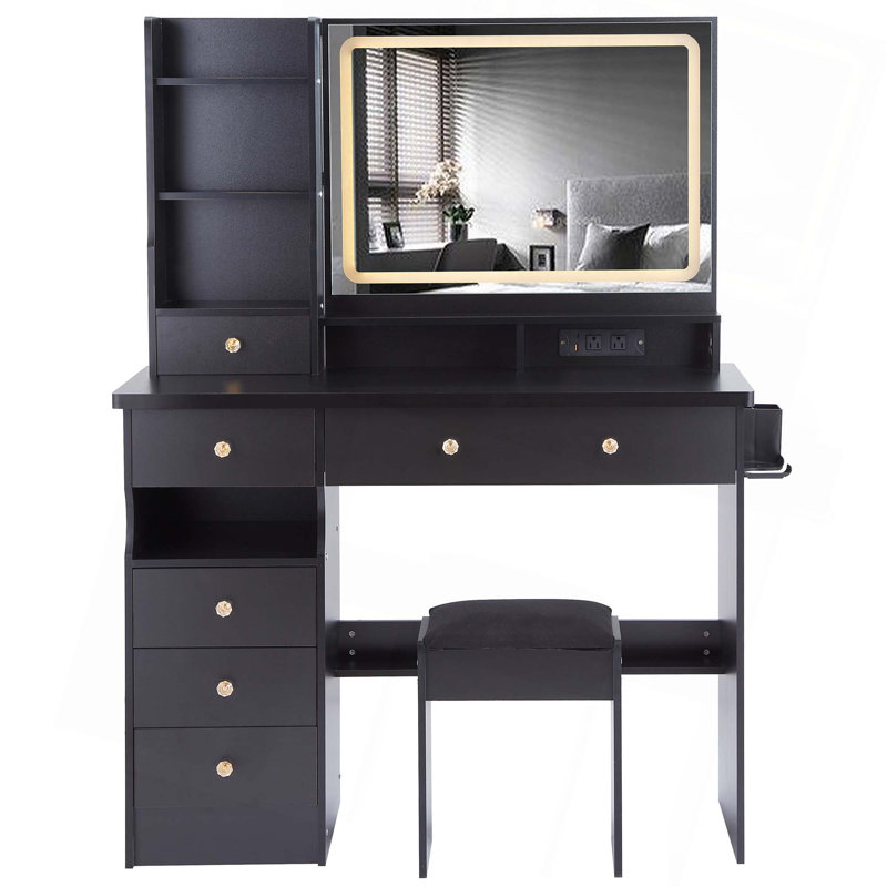 Ensemble de meuble-lavabo de 41 po avec commode gauche de grande taille + commode avec tabouret rembourré, 2 centrales électriques + 2 USB, support pour sèche-cheveux, très grand miroir à DEL tactile, interrupteur à 3 couleurs
