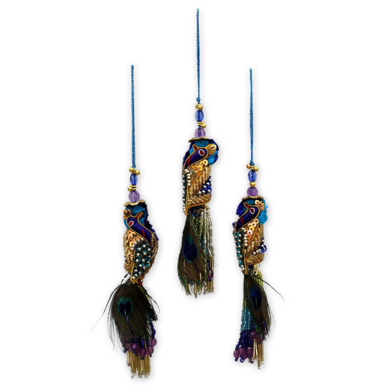 Handcrafted Peacock Beaded Hanging Ornament Set with Feathers