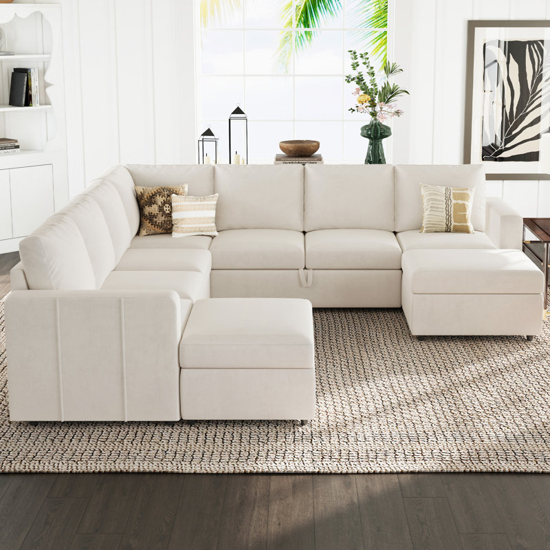 Canapé modulaire en L Aubade de L 107 po avec 2 repose-pieds avec rangement, Velours beige