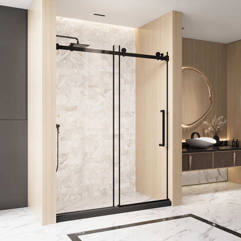 Frameless Single Sliding Shower Door  56-60 "W X 76" H, 1/4 "(6 Mm) Clear Tempered Glass, Matt Black