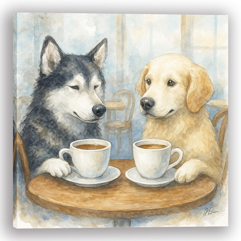 «Paws & Pour - Coffee Date with Dogs», art mural sur toile tendue, H 20 po x l 20 po