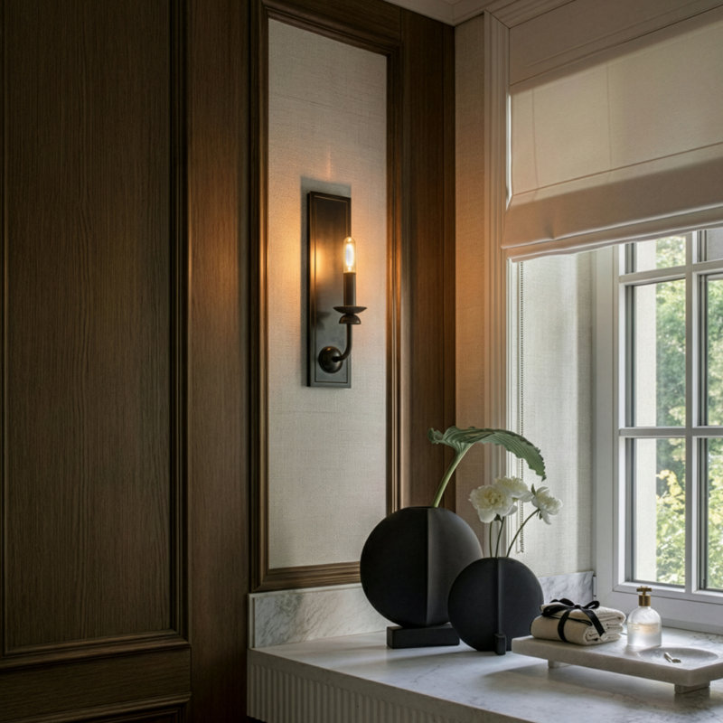 William Wall Sconce - Lacquered Burnished Brass - Rectangle Backplate, Polished Nickel