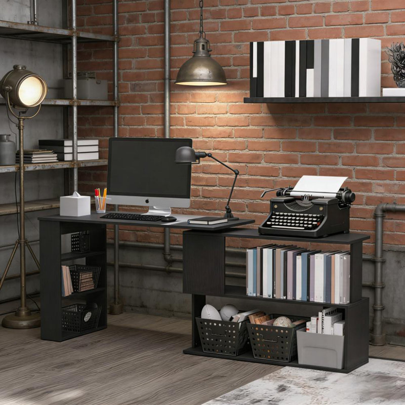 Poste de travail spacieux avec table d'écriture, bureau d'ordinateur en coin en L, bureau à domicile rotatif à 360 °, Noir