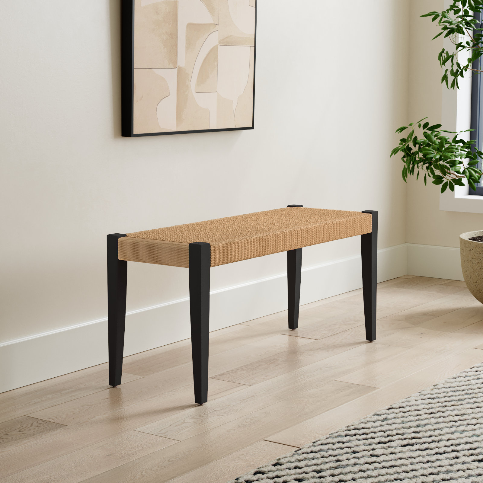 Alistair Solid Wood Bench, Tan/Black