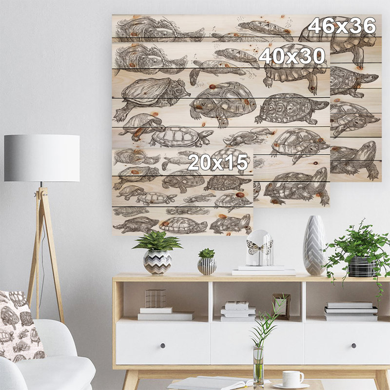 Tortues - impression d'art graphique, Bois, H 15 po x l 20 po x P 1 po