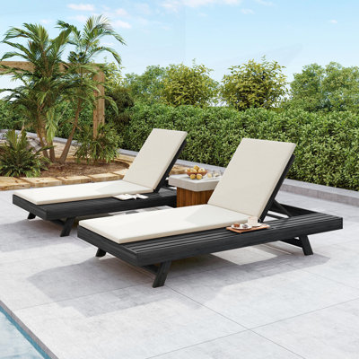 Lounge Chaise Set With Adjustable Reclining, Acacia Wood In Black, Water-Resistant Cushions For Outdoor Relaxation