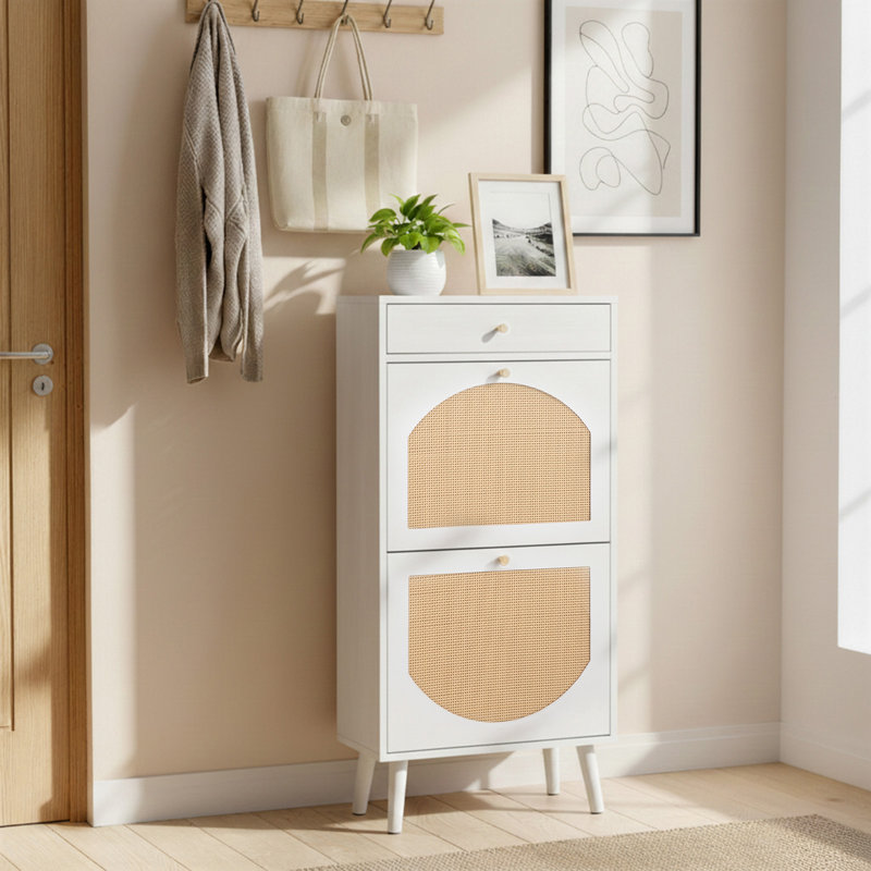 Rattan Panel 1 Drawer 2 Flip-Drawer Shoe Cabinet Particleboard 21.26" W, White