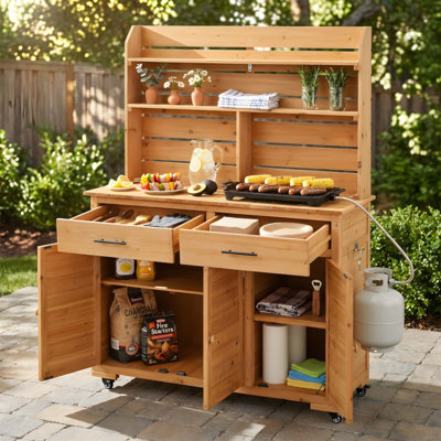 Grand banc de jardinage durable de 65 po de hauteur avec roues verrouillables, armoire de rangement et conception multifonctionnelle pour l'extérieur