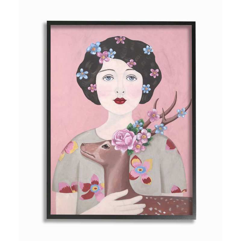 « femme et cerf rose animal » par catherine b-reproduction d’art, Giclée encadrée noir minuit, H 30 po x l 24 po x P 1,5 po