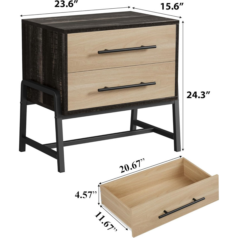 59.9cm W Manufactured Wood Bedside Table, Dark Brown/Wood/Black