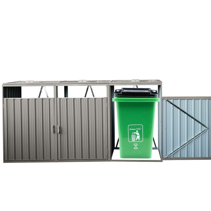 Grey Metal Garbage Storage Shed For Yard Lawn - Accommodates 3 Trash Cans, , Rot-, Easy To Use And Assemble Bin Shed, Holds Made Of Galvanized Steel, Clean
